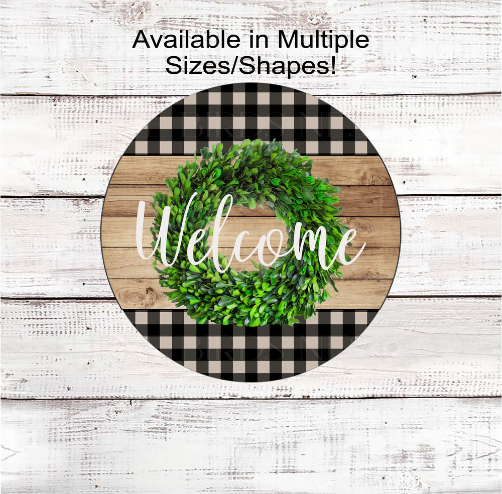 Rustic Welcome Wreath Sign - Everyday Signs - Boxwood Wreath - Boxwood Sign - Buffalo Plaid Sign