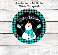 
              Winter Welcome Snowman Wreath Sign - Snowflakes Sign - Buffalo Plaid
            