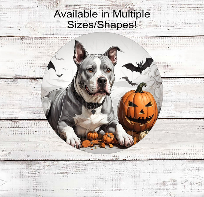 Pit Bull Halloween Wreath Sign - Dog Wreath Signs - Staffordshire Terrier - Pumpkins Sign - Halloween Bats
