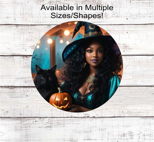 African American Halloween Witch Wreath Sign - Black Cat Sign - Haunted House