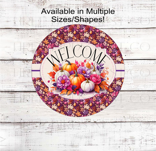 Beautiful pastel pumpkins and leaves in pink, purple and orange with a Welcome message.