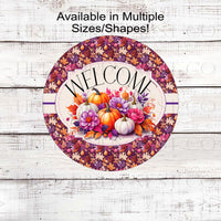 Beautiful pastel pumpkins and leaves in pink, purple and orange with a Welcome message.