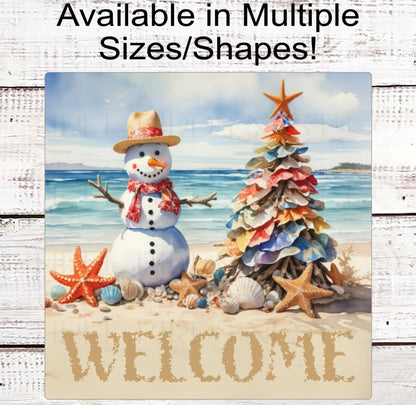Snowman Sign - Beach Christmas Wreath Sign - Starfish Sign - Tropical Christmas - Hawaiian Sign
