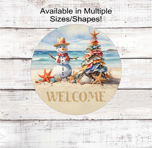 Snowman Sign - Beach Christmas Wreath Sign - Starfish Sign - Tropical Christmas - Hawaiian Sign