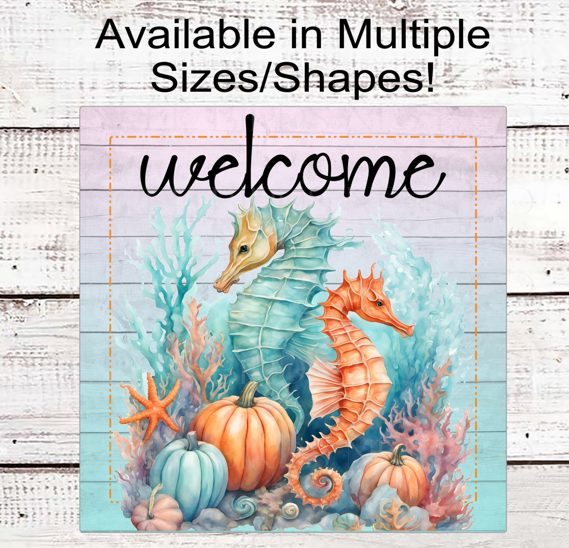 Fall Pumpkins and Seahorse Welcome Wreath Sign - Beach Welcome Wreath Signs - Pumpkins Sign
