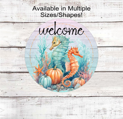 Fall Pumpkins and Seahorse Welcome Wreath Sign - Beach Welcome Wreath Signs - Pumpkins Sign