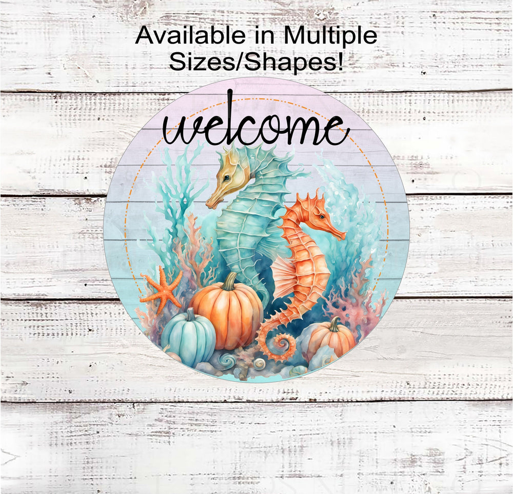 Fall Pumpkins and Seahorse Welcome Wreath Sign - Beach Welcome Wreath Signs - Pumpkins Sign