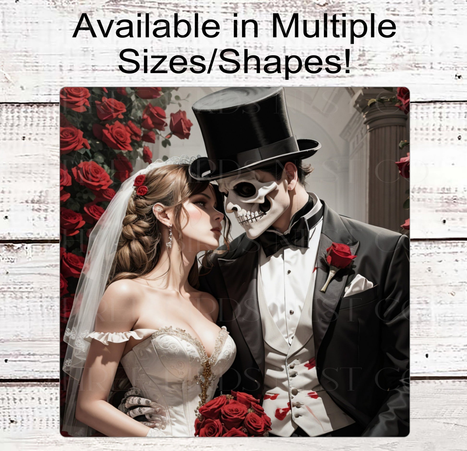 Halloween Wedding Wreath Sign - Skeleton Bride and Groom - Red Roses
