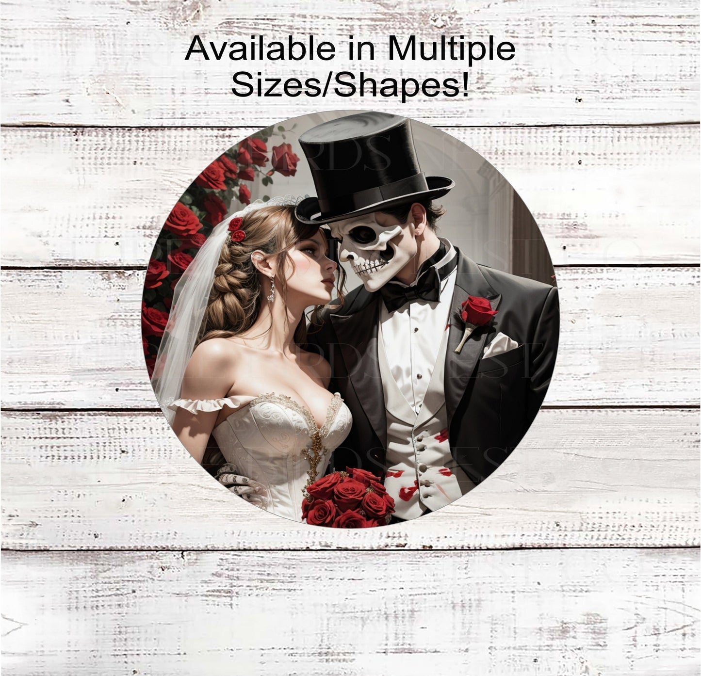 Halloween Wedding Wreath Sign - Skeleton Bride and Groom - Red Roses