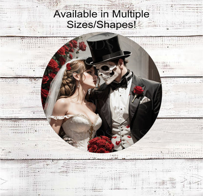 Halloween Wedding Wreath Sign - Skeleton Bride and Groom - Red Roses