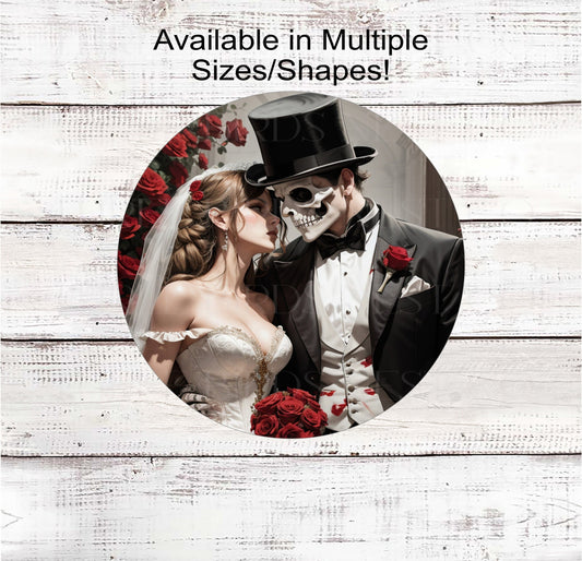 Halloween Wedding Wreath Sign - Skeleton Bride and Groom - Red Roses