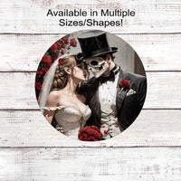 Halloween Wedding Wreath Sign - Skeleton Bride and Groom - Red Roses