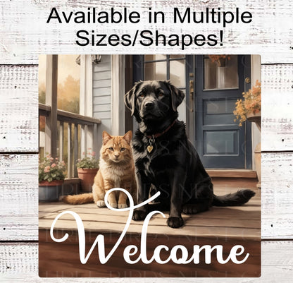Welcome Wreath Sign - Black Labrador and Orange Tabby Cat - Dog Wreath Signs - Cat Wreath Sign - Pet Wreath Sign - Welcome Friends