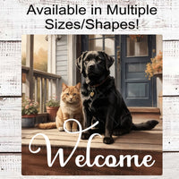 Welcome Wreath Sign - Black Labrador and Orange Tabby Cat - Dog Wreath Signs - Cat Wreath Sign - Pet Wreath Sign - Welcome Friends