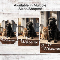 Welcome Wreath Sign - Black Labrador and Orange Tabby Cat - Dog Wreath Signs - Cat Wreath Sign - Pet Wreath Sign - Welcome Friends