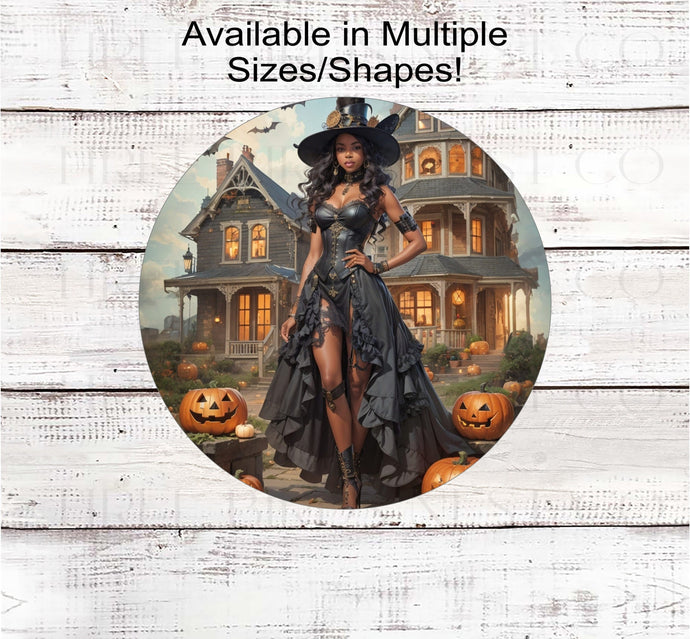 African American Halloween Witch Wreath Sign - Haunted House - Steampunk