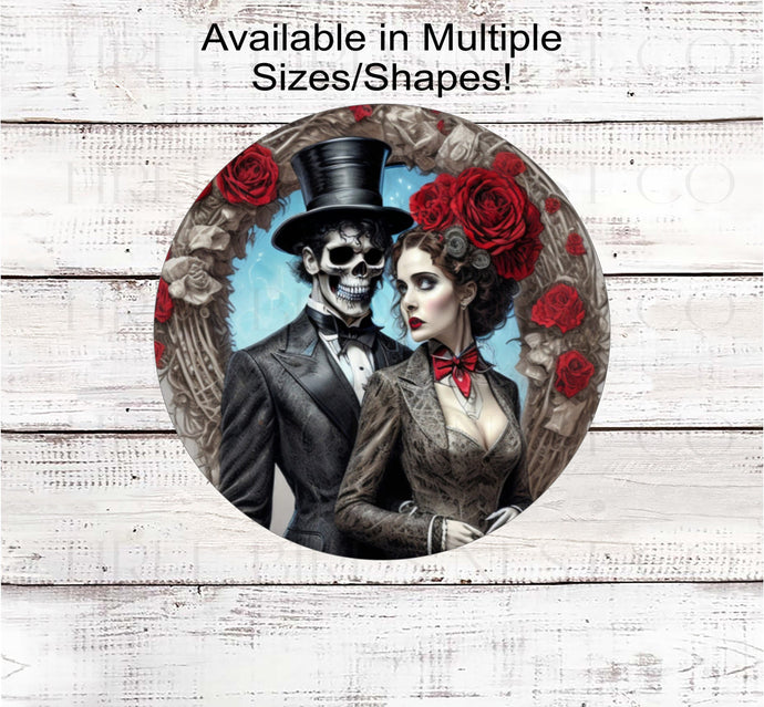 Halloween Wreath Sign - Skeleton Bride and Groom - Red Roses - Macabre Wedding