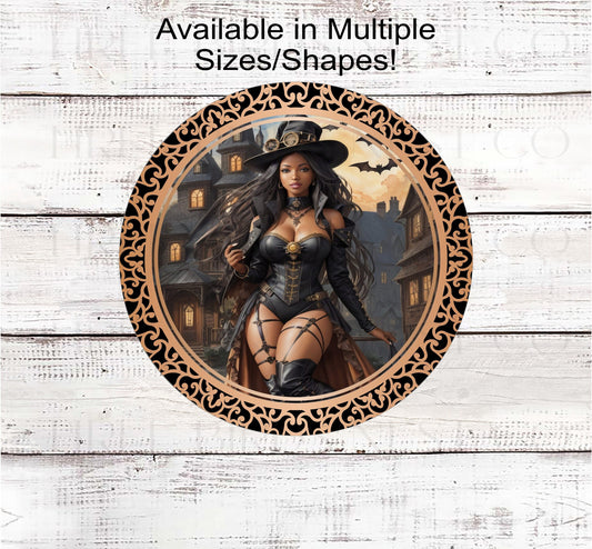 Sexy African American Halloween Witch Wreath Sign - Haunted House
