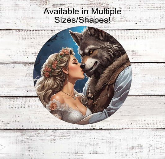 Halloween Werewolf and Princess Wreath Sign - Damsel Sign - Halloween Wolf - Wedding Sign