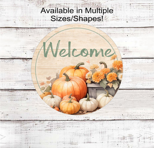 Pumpkins and Mums Fall Wreath Sign - White Pumpkins - Autumn Sign