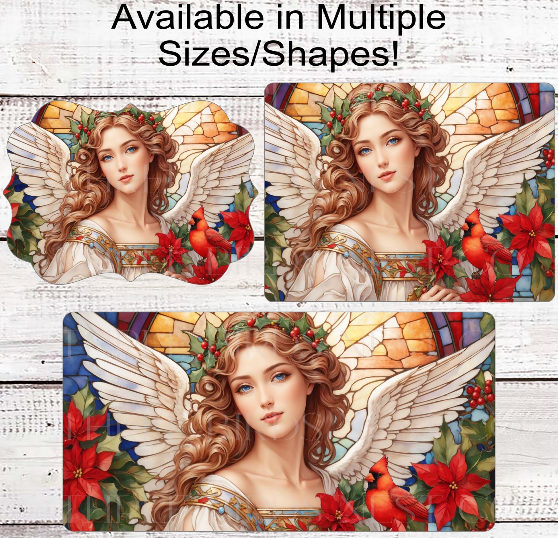Christmas Angel Wreath Sign - Cardinal Wreath Sign - Stained Glass Angel - Poinsettias Sign