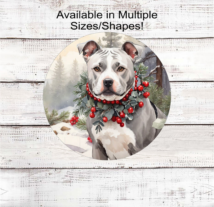 Winter Pit Bull Wreath Sign - Dog Wreath Signs - Staffordshire Terrier - Winter Wonderland - Holly and Berries