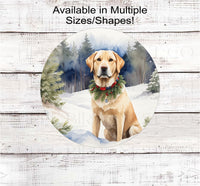 
              A yellow Labrador Retriever with a festive Winter greenery Collar in a winter snowy setting
            