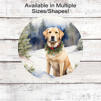 A yellow Labrador Retriever with a festive Winter greenery Collar in a winter snowy setting