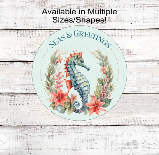 Seas and Greetings Christmas Wreath Sign - Seahorse Decor - Beach Welcome Sign - Poinsettias