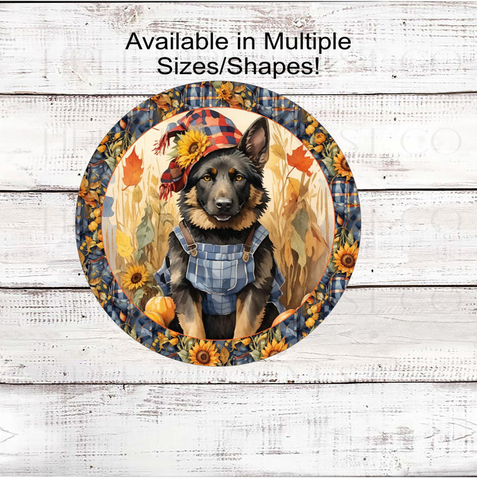 German Shepherd Dog Wreath Sign - Fall Scarecrow Welcome Sign - Pumpkin Patch - Metal Wreath Sign