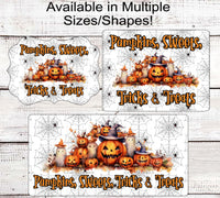 
              Jack O Lantern Halloween Wreath Sign - Pumpkins, Sweet Tricks and Treats - Ghost Sign - Happy Halloween - Spider Webs
            