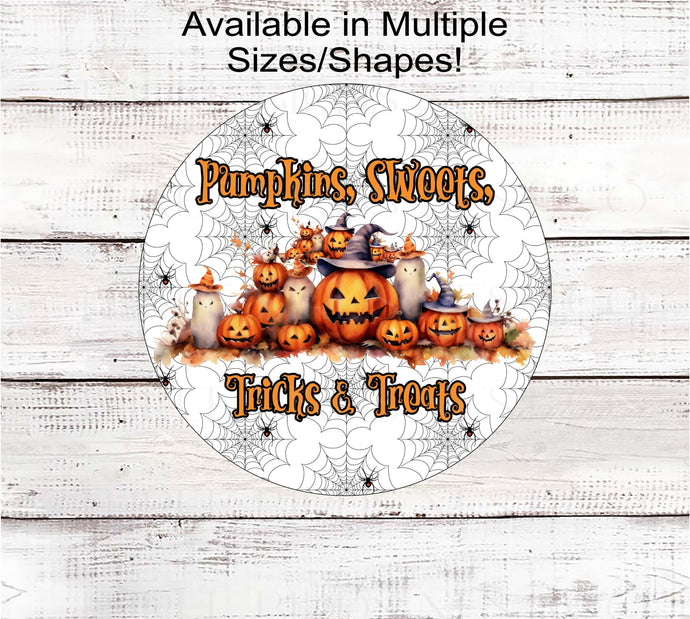 Jack O Lantern Halloween Wreath Sign - Pumpkins, Sweet Tricks and Treats - Ghost Sign - Happy Halloween - Spider Webs