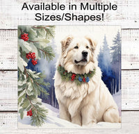 
              Winter Dog Wreath Sign - Great Pyrenees - Dog Wreath Signs - Winter Wonderland - Holly and Berries
            