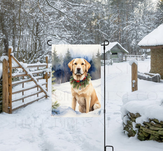 A yellow Labrador Retriever in a snowy Winter scene wearing a greenery and berries collar.