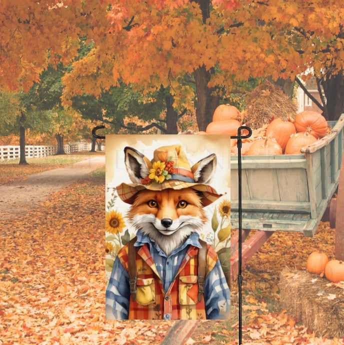 Fall Fox Scarecrow Double Sided Garden Flag