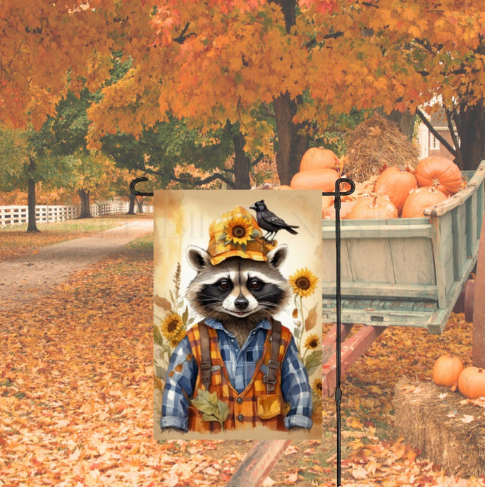 Fall Raccoon Scarecrow Double Sided Garden Flag