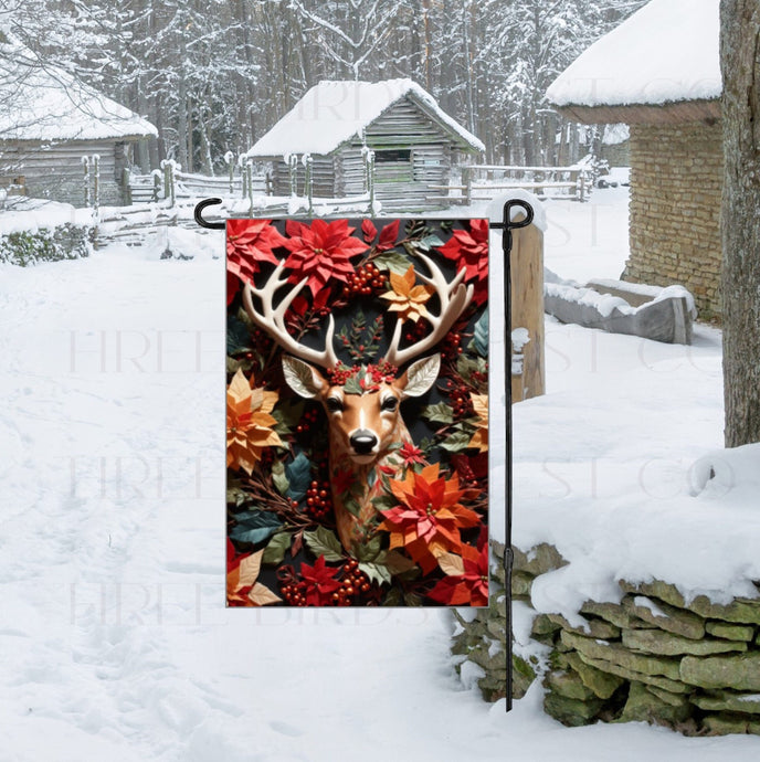 Deer Garden Flag - Whitetail Buck - Christmas Poinsettias- Double Sided Garden Flag