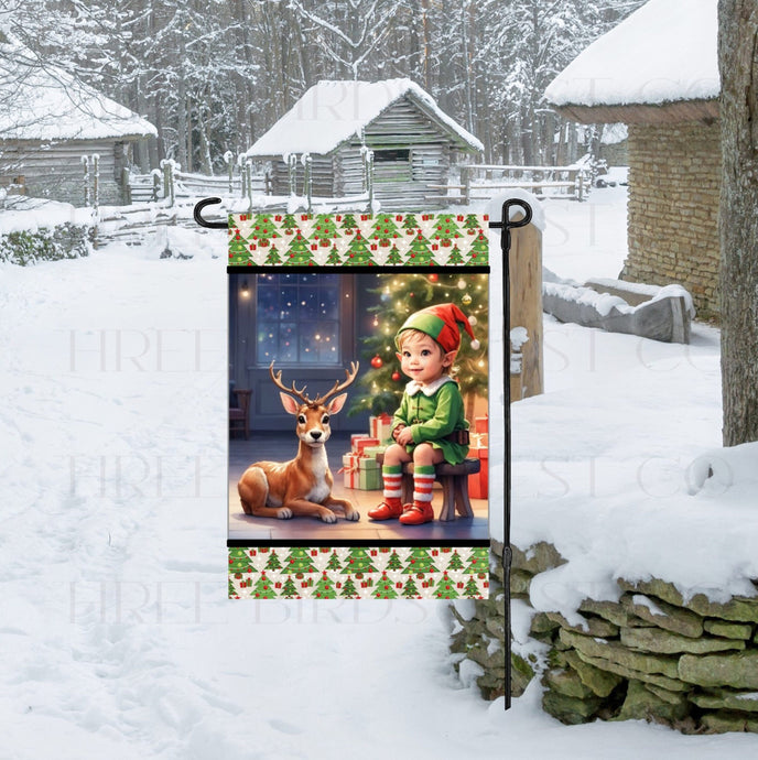 Christmas Elf and Reindeer Double Sided Garden Flag