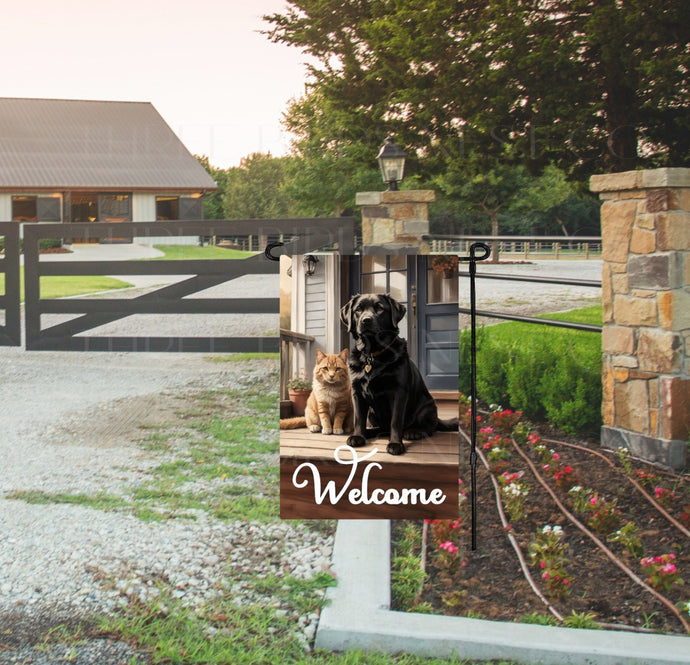 Welcome Friends Labrador Retriever and Tabby Cat Double Sided Garden Flag