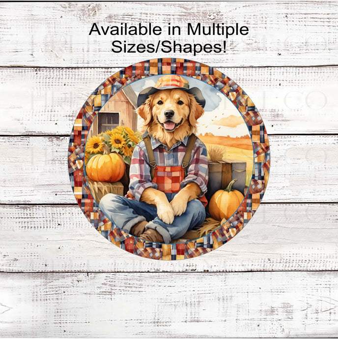 An adorable Golden Retriever dressed like a Fall Scarecrow with pumpkins, hay bales and a barn