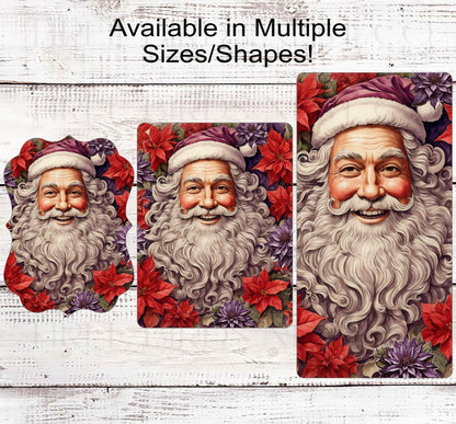Santa Claus Christmas Wreath Signs - Poinsettia Sign - Winter Welcome - Floral Wreath Sign