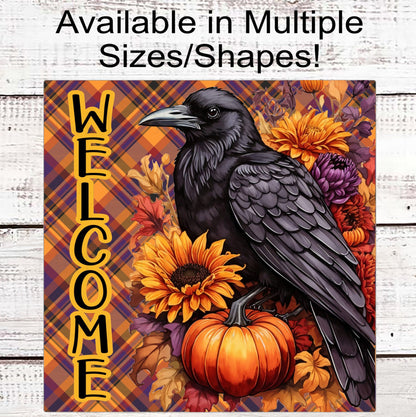 Fall Welcome Sign - Black Crow Sign - Autumn Mums - Pumpkins Sign - Fall Floral Sign
