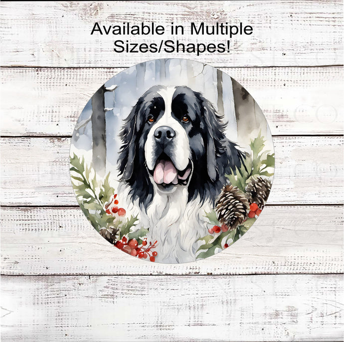 Christmas Dog Wreath Sign - Landseer Newfoundland Dog - Winter Welcome