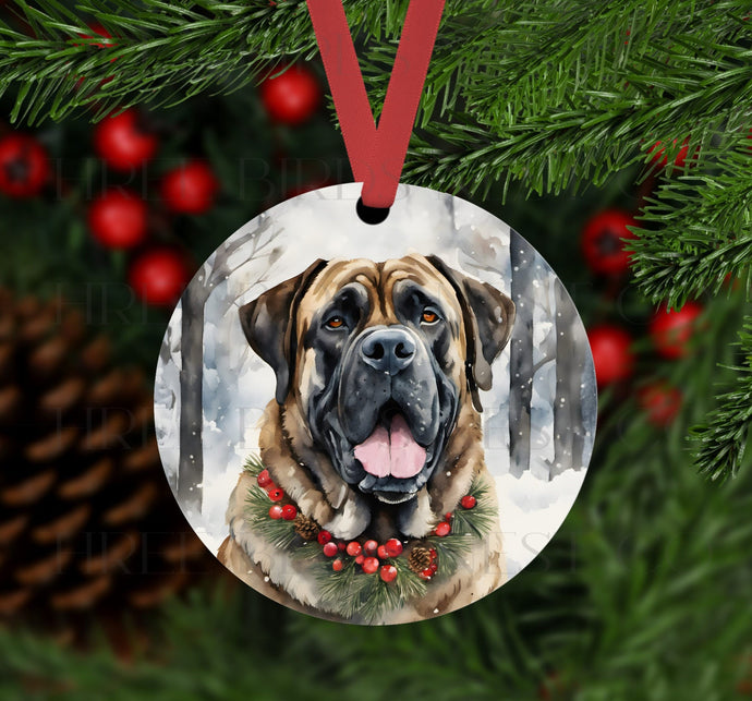 An ornament with am English Mastiff dog in a Winter setting
