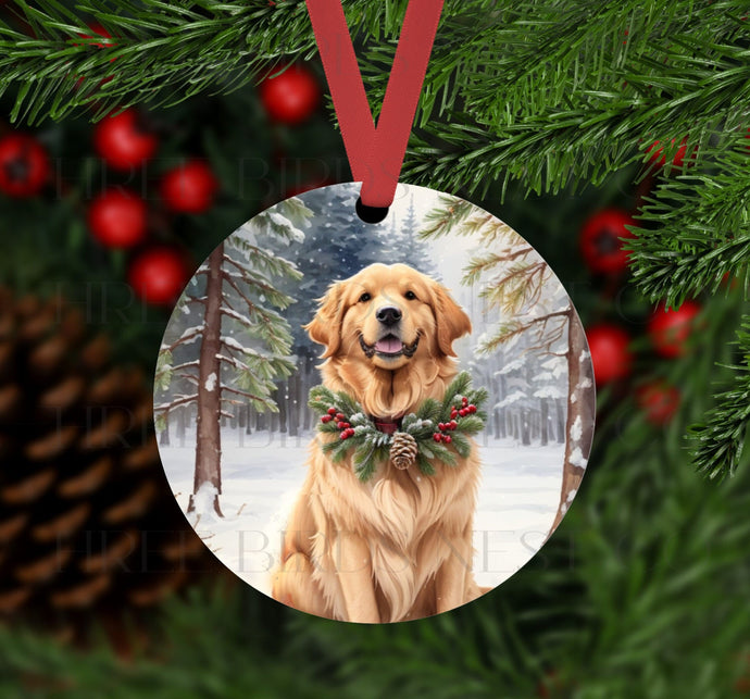 An ornament with a Golden Retriever dog in a Winter setting