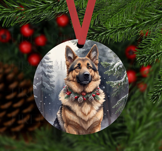 An ornament with a German Shepherd dog in a Winter setting