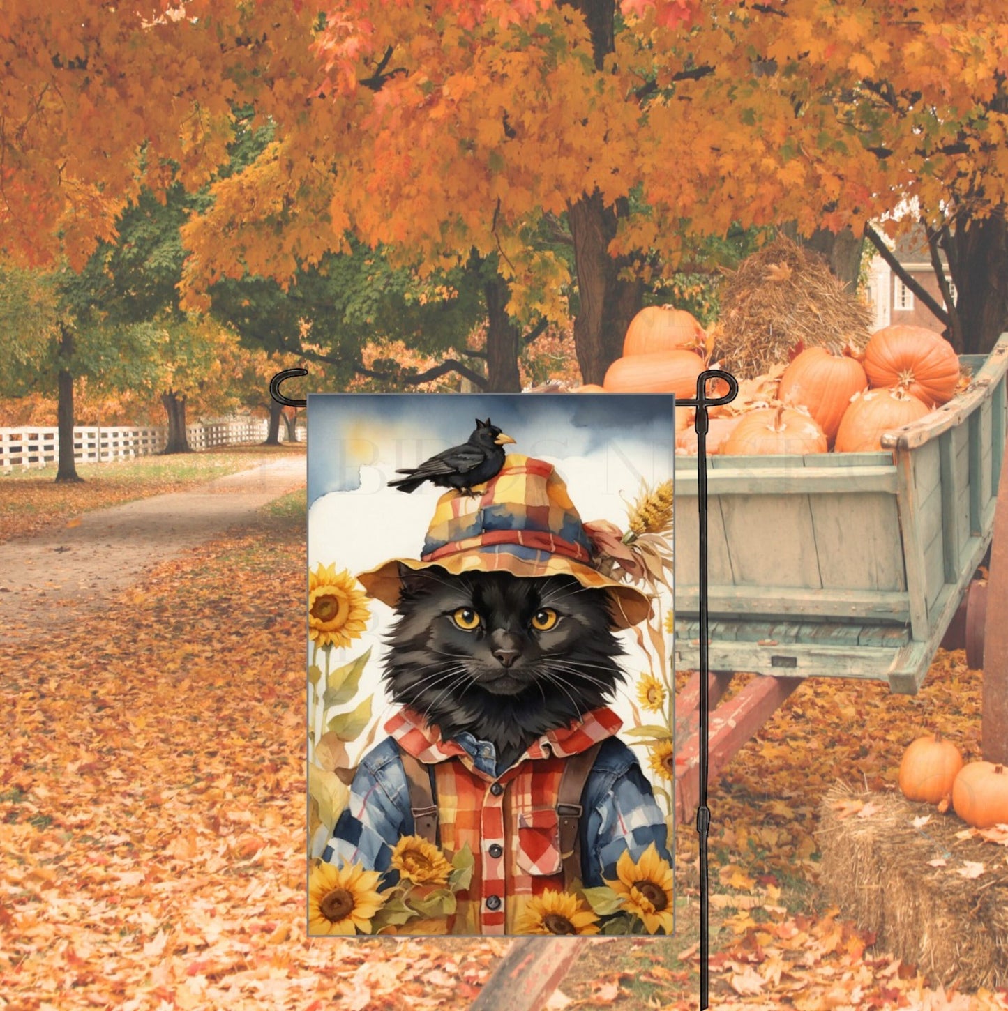 Black Cat Fall Scarecrow Double Sided Garden Flag