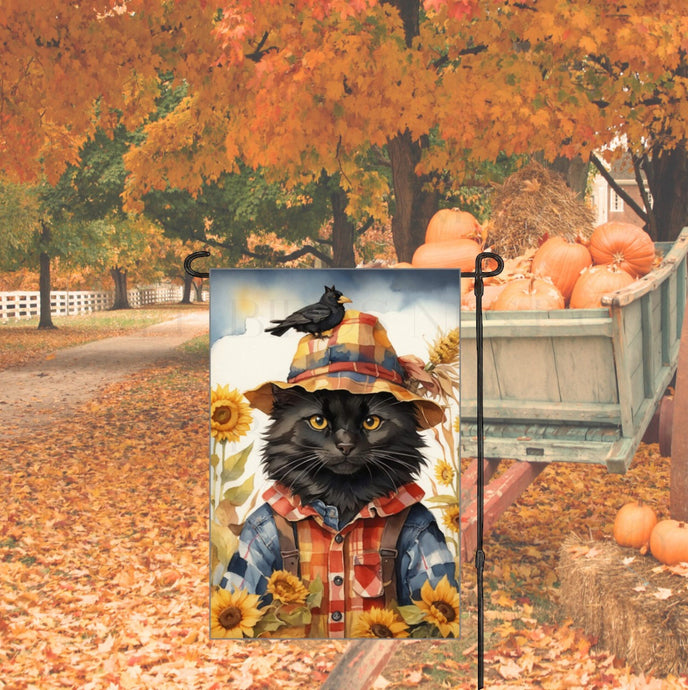 Black Cat Fall Scarecrow Double Sided Garden Flag