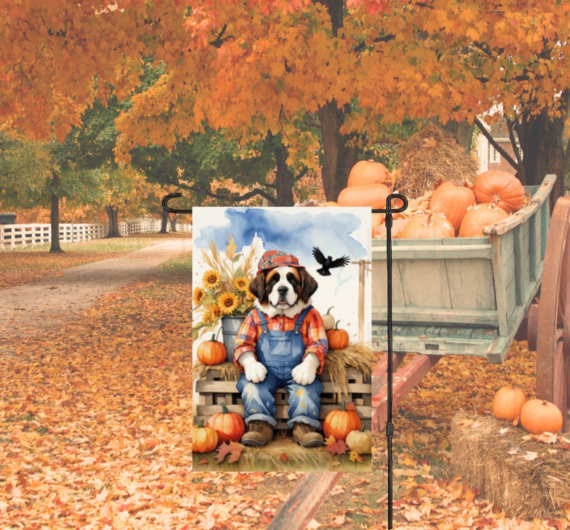 An adorable Saint Bernard Fall Scarecrow with Pumpkins and Sunflowers