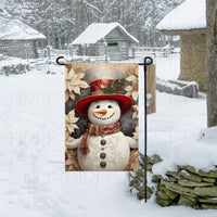 An adorable Snowman Garden Flag with Poinsettias